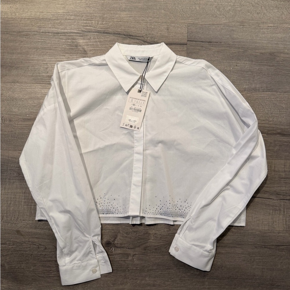 Zara White Collared Blouse with Embellishments
